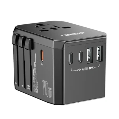 Afbeelding van LENCENT 70W Reisadapter Wereldwijd, GaN Snellader Universele Reisstekker met 3 PD3.0 USB C+2 QC USB, Alles in één Internationale stekker voor Telefoons, Laptops, 200+ Landen, EU UK DE CN USA AUS