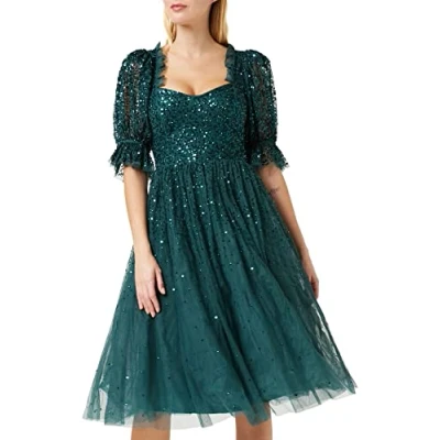 Afbeelding van Maya Deluxe Vrouwen Dames Jurk Midi Pailletten Verfrilly Sweetheart Hals Gepofte Mouwen voor Bruiloft Gast Prom Avond, Emerald Green, 12, Groen, 38