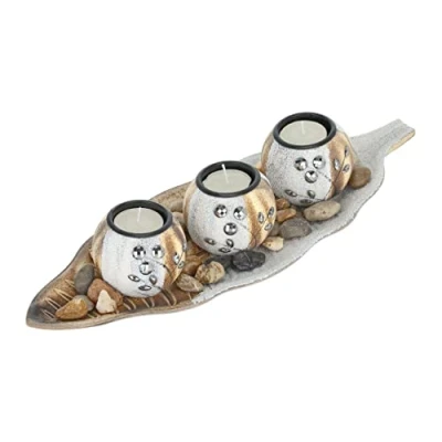 Afbeelding van Relaxdays waxinelichthouders, 3 theelichthouders, met bladvormige schaal, siersteentjes, woonkamer decoratie, bruin wit