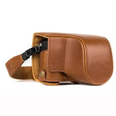 Afbeelding van MegaGear MG1302 Ever Ready Leren Camera Case met Draagriem en Batterijtoegang, voor Panasonic Lumix Dmc Gx85, Gx80 12 32mm Lens, Lichtbruin