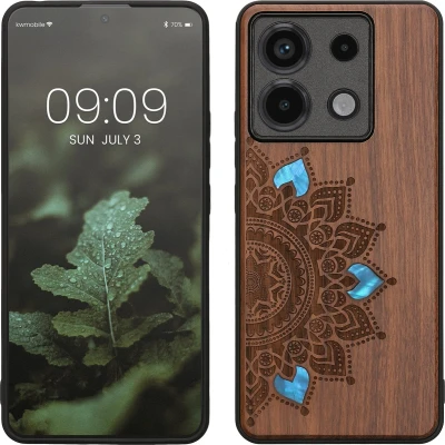 Afbeelding van kwmobile telefoonhoesje geschikt voorXiaomi Redmi Note 13 Pro 5G / Poco X6 Hoesje met bumper walnoothout In donkerbruin Parelmoer mandala design