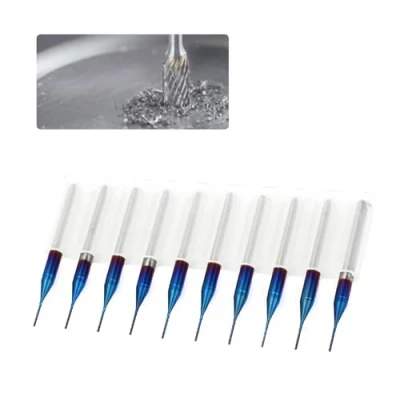 Afbeelding van 10 delige freesbitsets CNC roterende bits PCB freesbeitels, wolfraamcarbide blauw gecoat, spiraalfreesbits freeskegelfrees voor graveermachine End Mill freesbits borenset(0.5mm)