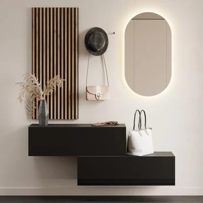 Afbeelding van Planetmöbel Halmeubel garderobe, 2 x 100 cm, wandpaneel 50 zwart, goud eiken/antraciet met spiegel cm (zonder led), wandgarderobe 32,5 h b 37,8 d