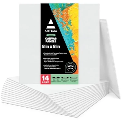 Afbeelding van Arteza Vierkante witte canvas boards van 20,3 x cm, Set 14 geprepareerde panelen 100% katoen voor allerhande schildertechnieken, Kunstschildersbenodigdheden hobby en beroep