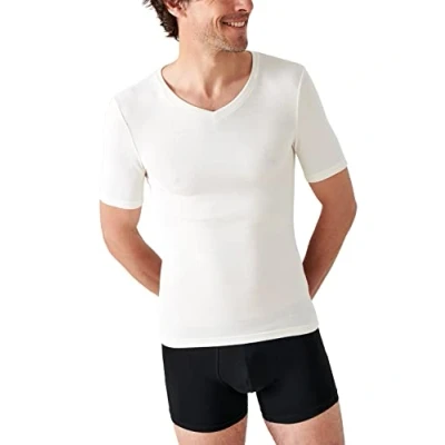 Afbeelding van Damart T shirt met V hals, korte mouwen, fijne rib Thermolactyl Sensitive, Gebroken wit, M