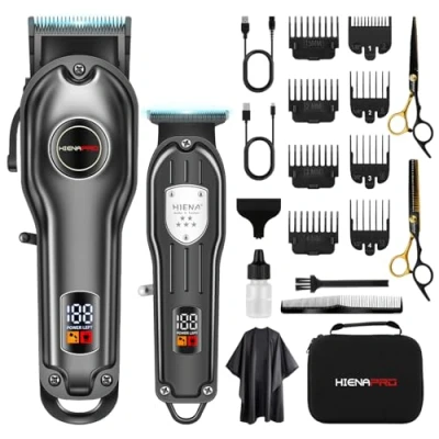 Afbeelding van HIENA PRO Professionele tondeuse set voor mannen, draadloze kapper set, haarsnijmachine kit, oplaadbare kappers met LED display (zwart)