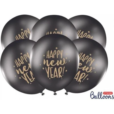 Afbeelding van 6x Happy New Year Ballonnen met ster zwart 30 cm