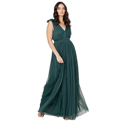 Afbeelding van Maya Deluxe Maxi jurk voor dames, met ruches, schouderdetail, bruidsmeisje, smaragdgroen, 24