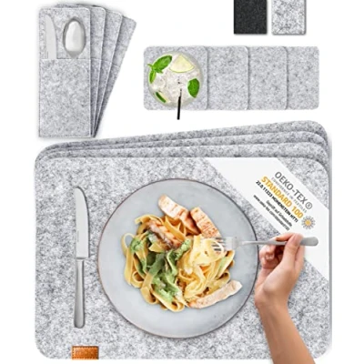 Afbeelding van MIQIO® Design Ontwerp Premium Vilt&amp;Leer Wasbaar Placemat met Onderzetters en Bestekzakken (Lichtgrijs, set voor 4 personen)