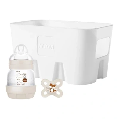 Afbeelding van MAM Easy Start anti Colic Combi Set XS, baby eerste uitrusting met koliek fles (130 ml), incl. speen maat 0, fopspeen en flessenmand, babycadeauset, vanaf de geboorte, beige