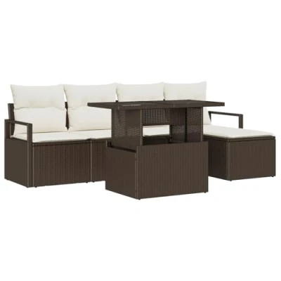 Afbeelding van vidaXL 6 delige Tuin Sofa Set met Kussens Bruin Poly Riet, 2 Zitters Opslag &amp; Riet
