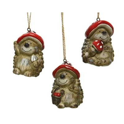 Afbeelding van Kerstboomversiering keramiek egel 7 cm x 1 stuk gesorteerd met paddenstoelenhoed bosdieren kerstbal bruin