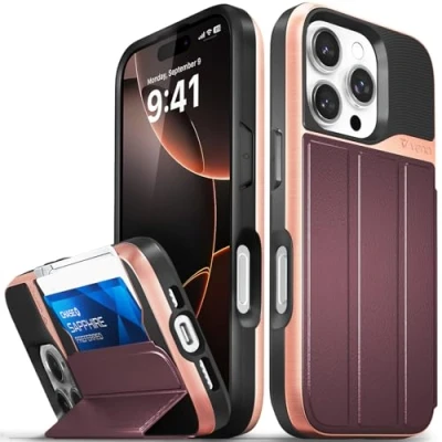 Afbeelding van VENA vCommute voor iPhone 16 Pro Wallet Case, [Militaire Grade Drop Protection] Flip Lederen Cover Slot Kaarthouder met Standaard Rood