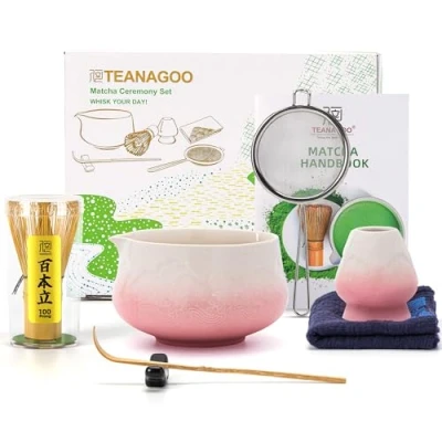 Afbeelding van TEANAGOO 7 delige matcha gardeset, roze set, poederkit voor ceremonie, theeset het maken van latte, garde set en kom met schep zeef, Fuji Design keramische