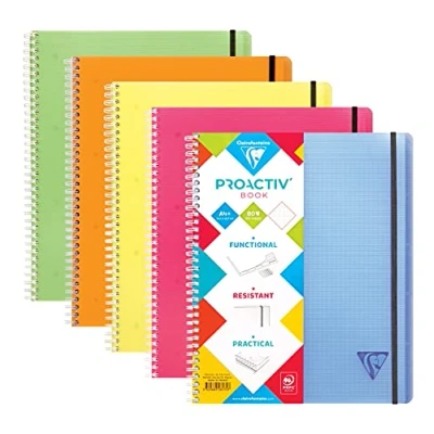 Afbeelding van Clairefontaine 328175C Proactiv&#039;Book Spiraal Geperforeerd Sorteerschrift A4+ 22,5x29,7cm 160 uitneembare pagina&#039;s met kleine ruitjes + rand Wit papier 90g Polypro cover, willekeurige kleur