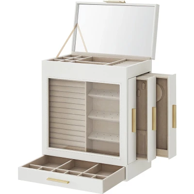Afbeelding van Signature Home sieradendoos met grote spiegel juwelendoos 5 niveaus glazen deksel zijlades verticaal opbergen modern van juwelen Wolk wit