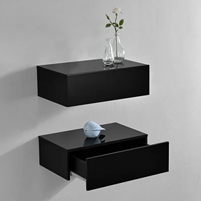 Afbeelding van Wandplank met lade set van 2 zwevend 46x30x15 cm zwart glanzend