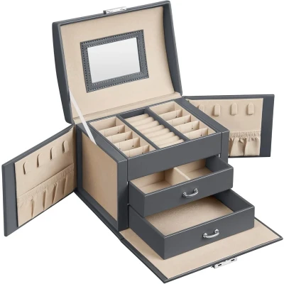 Afbeelding van Famanu sieradendoos 3 niveaus, met handvat, 2 lades, spiegel, slot, sieraden opbergen voor op reis, modern, cadeau idee, leigrijs JBC154G01