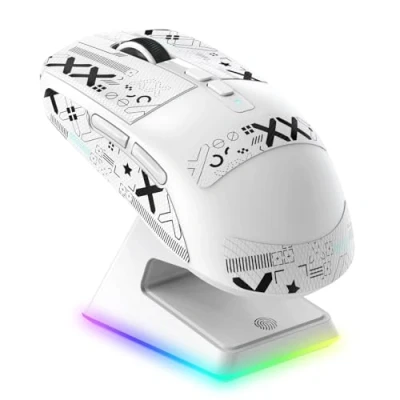 Afbeelding van VGN GAMEPOWER SUPERLIGHT X6 Draadloze gamingmuis, oplaadstation, 49 g, ultralicht, gaming muis, 26000 dpi, sensor PixArt 3395, 2,4 G/bedraad/Bluetooth, batterij 200 uur, Mouse Grip Tape, wit