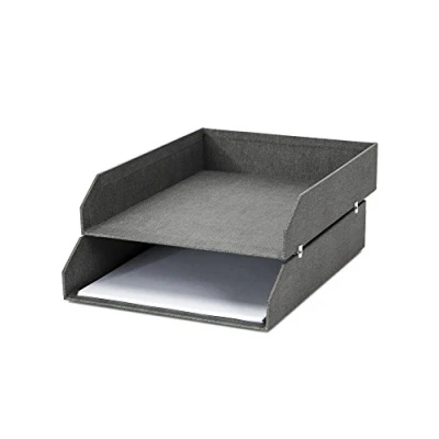 Afbeelding van Bigso Box of Sweden, set van 2 brievenbakjes voor op het bureau, stapelbare opbergvakken brieven, documenten, etc., opbergsysteem vezelplaat met papier in linnenlook, blauw