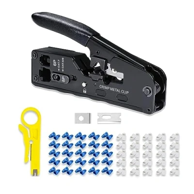 Afbeelding van 6COMGIGA Alles in één RJ45 RJ12 krimpgereedschap, passeer Ethernet Crimper voor Cat5 Cat5e CAT6 Cat6a Cat7 modulaire connector, met mini draadstripper, 50 stuks doorvoerconnectoren en afdekkingen