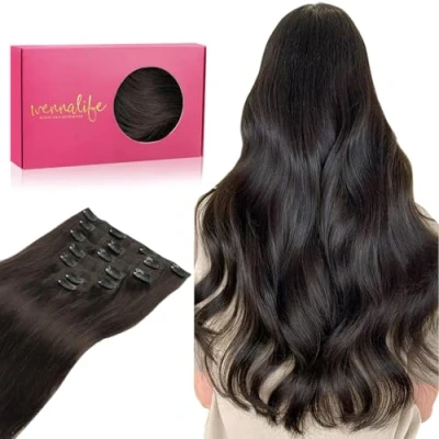 Afbeelding van Wennalife clip in extensies, echt haar, 35 cm, 120 g, 7 stuks, donkerbruin, Remy haarverlenging, natuurlijk haar