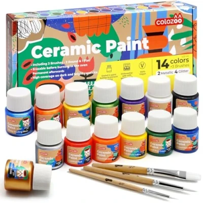 Afbeelding van Colozoo Glas en Porseleinverf Vaatwasmachinebestendig 14x20ml Glasverf incl. Goud, Zilver, 4 Glitterkleuren &amp; 3 Kwasten Keramiek Schilderset Uitwisbaar Voor het Bakken