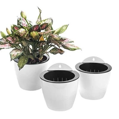 Afbeelding van ORIMERC Set van 3 hangende, ronde plastic plantenpotten, automatisch bewaterend, verticale tuin, muur /raambevestiging, binnen/buiten, voor planten, bloemen, vetplanten, kruiden, wit, klein