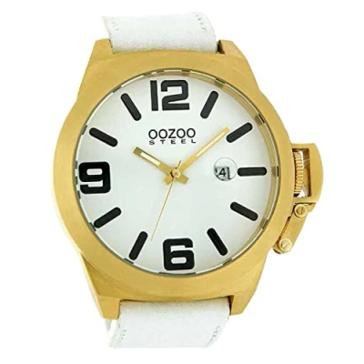 Afbeelding van OOZOO Timepieces Goudkleurige horloge met witte leren band OS107