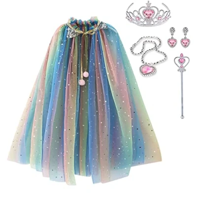 Afbeelding van Skyllc Prinsessencape voor meisjes, prinses meisjes kostuum met kroon, ketting, oorbellen, toverstaf, feestkostuum, carnaval, cosplay Halloween
