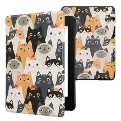 Afbeelding van kwmobile E reader hoesje geschikt voor Amazon Kindle Paperwhite 11. Generation 2021 hoes flip case met magnetische sluiting Ereader cover Katten design in oranje / zwart wit