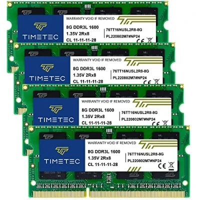 Afbeelding van Timetec 32GB KIT(4x8GB) DDR3L/DDR3 1600MHz PC3L 12800/PC3 12800 Niet ECC gebufferd 1,35V/1,5V CL11 2Rx8 Dubbele rang 204 pins SODIMM laptop Notebook pc Computergeheugen RAM module upgrade