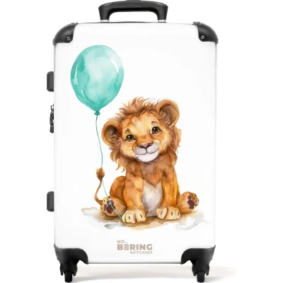 Afbeelding van NoBoringSuitcases.com® Kinderkoffer jongen Kindertrolley jongens Leeuw met blauwe ballon Koffer kind groot Rolkoffer lichtgewicht Reiskoffer 4 wielen Grote trolley XL 20 kg bagage