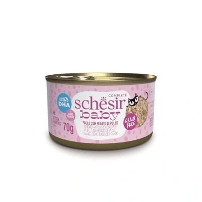 Afbeelding van Schesir Baby, in bouillon met kip en leversmaak DHA taurine compleet natvoer voor kittens (12 blikjes van 70 g)