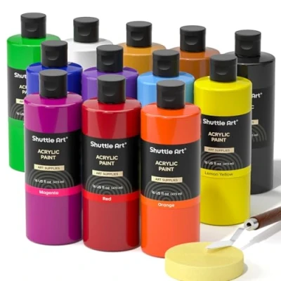 Afbeelding van Shuttle Art Acrylverfset, 12 kleuren acrylverfflessenset (473 ml/16 oz), rijk gepigmenteerde acrylverf, bulkverfbenodigdheden voor kunstenaars, beginners, kinderen op rotsen, ambachten, canvas, hout