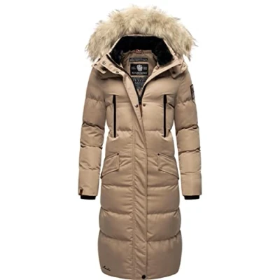 Afbeelding van MARIKOO Sneeuwsterntje Winterjas voor dames, warme gewatteerde jas, lang met afneembaar kunstbont en capuchon, XS XXL, taupe, XXL