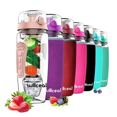 Afbeelding van Willceal Waterfles met fruit infuser, 945 ml, duurzaam afneembare ijsgelbal, groot, BPA vrij Tritan, flip deksel, dicht ontwerp, sport en camping (goudkleurig)