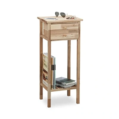 Afbeelding van Relaxdays bijzettafel, met lade, 2 plateaus, notenhout, HxBxD: 80 x 35 30 cm, houten telefoontafel, natuurlijke kleur
