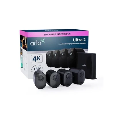 Afbeelding van Arlo Ultra 2 draadloze WiFi beveiligingscamera voor buiten, 4K UHD, 180˚ kleurennachtzicht, sirene, bewegingsdetectie, weg audio, Smart Hub inbegrepen, incl. proefp. Secure, 4 cam kit, zwart