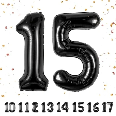 Afbeelding van 15e verjaardag decoratie cijfers ballon 15 jaar folieballon zwart voor mannen vrouwen nummer vliegt met helium verjaardagsfeest 40&quot; 101cm
