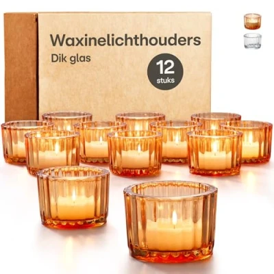 Afbeelding van Theelichthouder Glas Klein voor Tafeldecoratie Set van 12 Ronde Theelichtglazen Stevige Kaarsenhouders Woondecoratie &amp; Bruiloft (Goud)