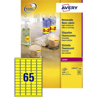 Afbeelding van Etiket Avery L7651Y 100 38.1x21.2mm neon geel 6500stuks