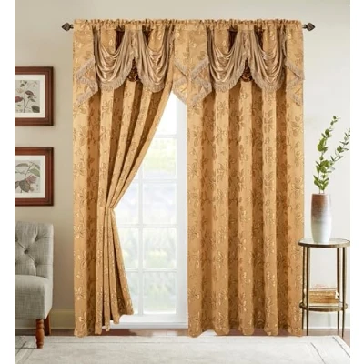 Afbeelding van Elegant Comfort Jacquard look gordijnpaneelset met bijgevoegde watervalvolant, (set van 2), 137 x 213 cm, bladpatroon, goud