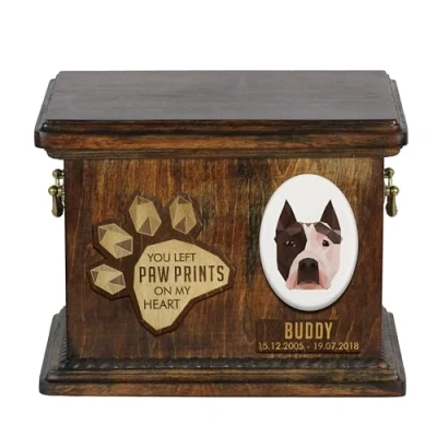 Afbeelding van Art Dog Aangepaste geometrische hondenherdenkingsurn Handgemaakte houten urn Op maat gemaakte hondencrematiedoos voor as 8,3x11,4x8,7 Amstaff