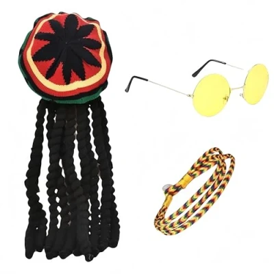 Afbeelding van SDXCJY Rasta Set, Authentieke Jamaicaanse Dreadlocks Pruik Hoed, Gele Bril &amp; Gevlochten Armband voor Feesten, Cosplay Maskerade (Kleurrijk)