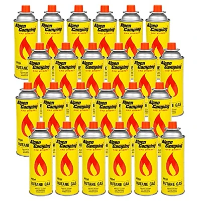 Afbeelding van Alpen camping Butan gaspatroon voor gasfornuis, kooktoestel, bunsenbrander, soldeerbrander, 400 ml (set van 24 stuks)