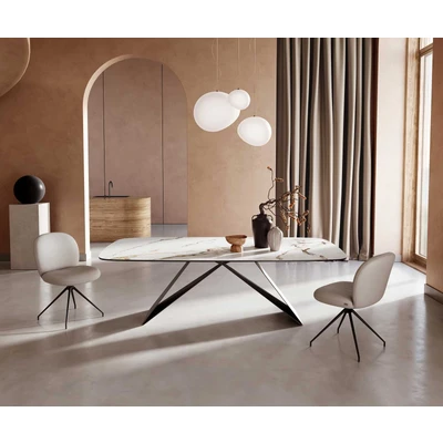 Afbeelding van DELIFE Eetkamertafel Edge Boot 240x120 keramiek Calacatta Luxe wit goud grijs V frame vlak staal zwart