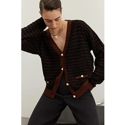 Afbeelding van Trendyol Bruin Gestreept Gebreid Vest Met Breed Patroon Twoaw23Hi00261