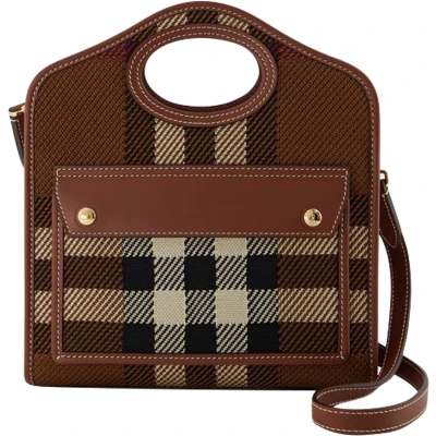 Afbeelding van Check Pattern Leather Handbag Wo Brown