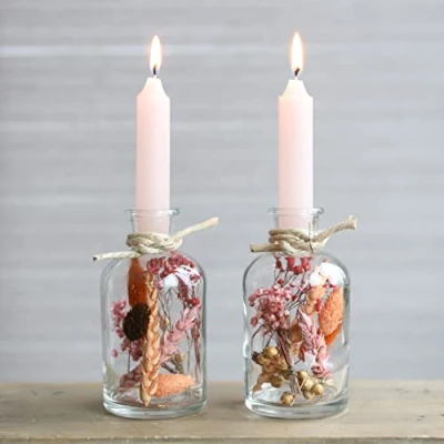 Afbeelding van Droogbloemen in glas met kaarsen, droogbloemenset vaas, 2 stuks, decoratieve gedroogde bloemen, flessen kandelaar eeuwige geschenken voor vrouwen (roze)